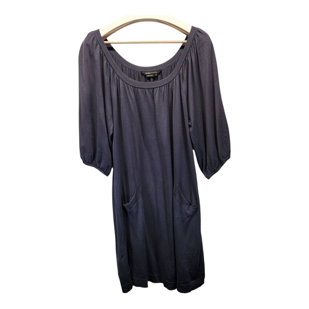 bcbgmaxazria Scoop Neck Bubble Sleeve Silk Knit Tunic Dress Blue Medium